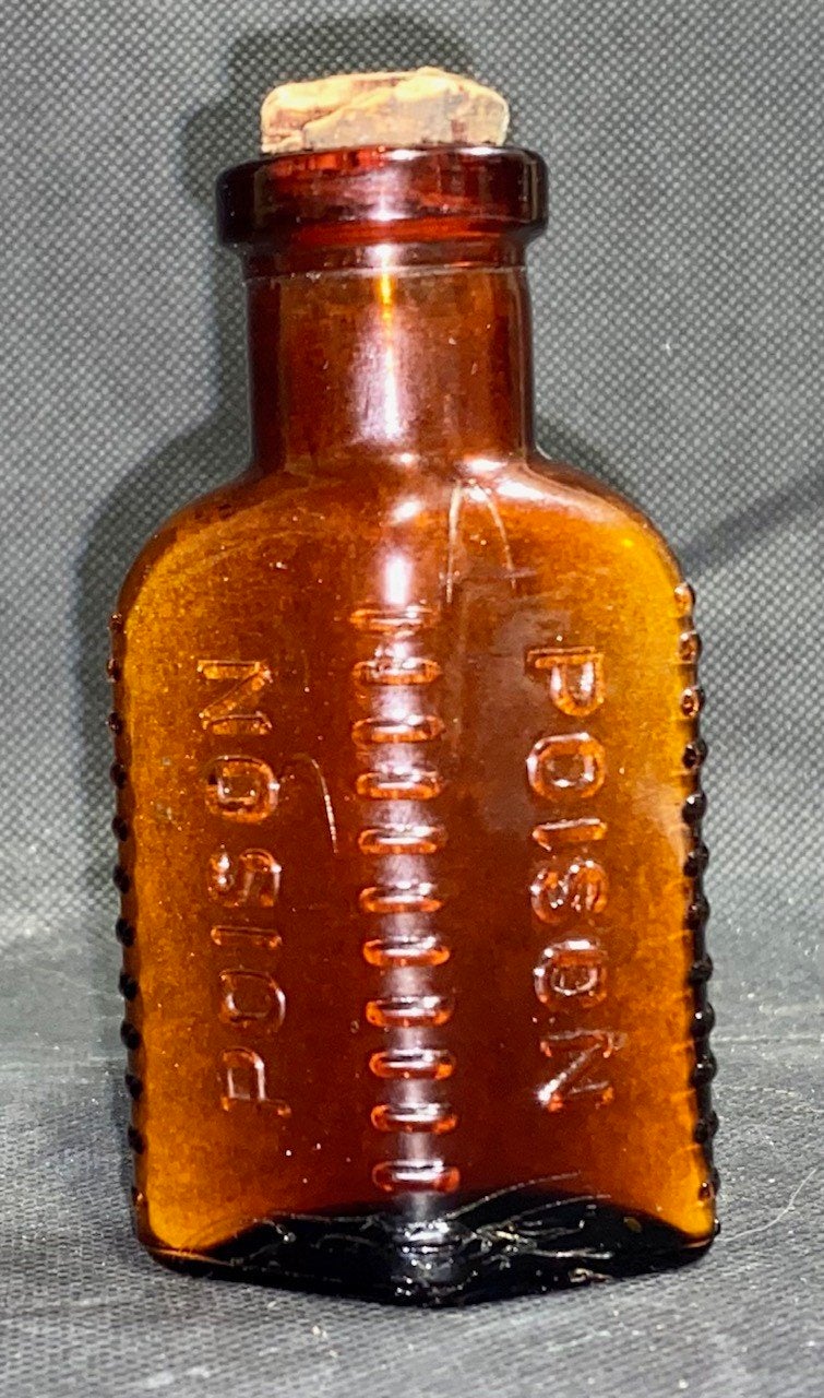 Antique Lily Amber Brown Mercury Chloride Poison Glass Bottle w/ Label Embossed