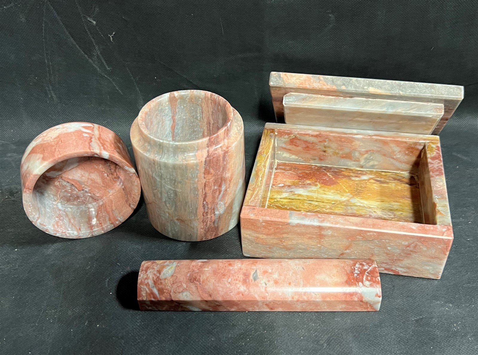 Vintage Coral and White Alabaster Container and Jar Set