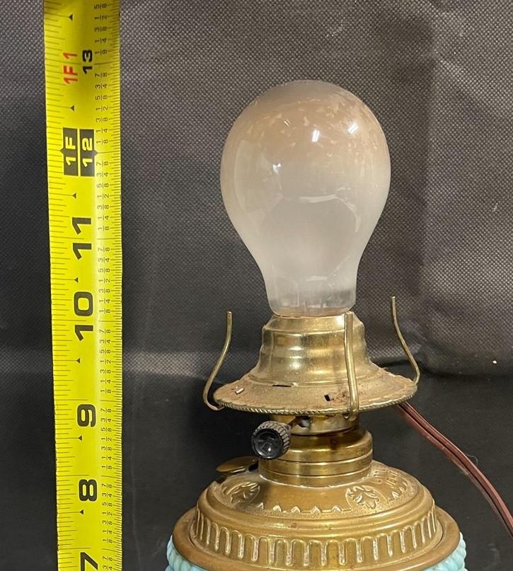 Vintage 12.5 inch Fostoria Baby Blue Milk Glass Cord Tassel Boudoir Table Lamp