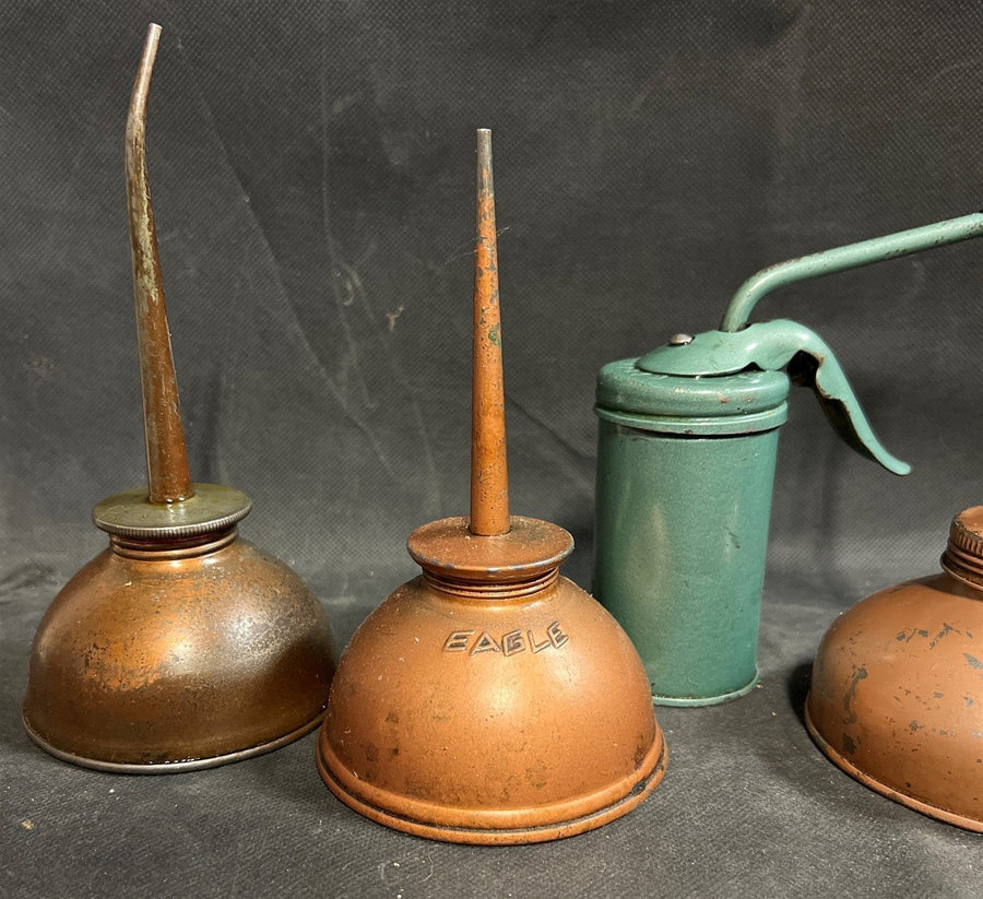 4 Antique Eagle Thumb Pump Rustic Oil Cans Made in USA