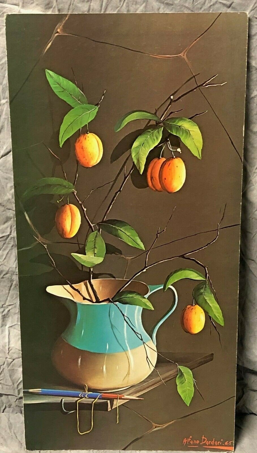 Vintage MCM Alfano Dardari Apricots on Shelf Lithograph on Card Textured