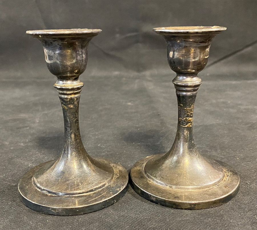 Antique 4 Inch Vintage Silver Patina Covered Candlesticks Set