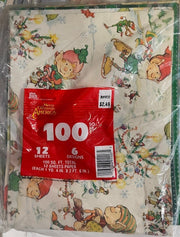 Vintage Christmas Holiday Wrapping Paper Square Sheets w/ Labels Stickers