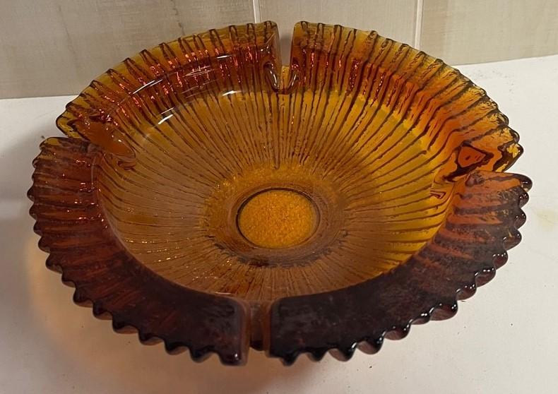 Mid Century Modern Heavy Round Amber Glass 9 inch Burst Ash Tray