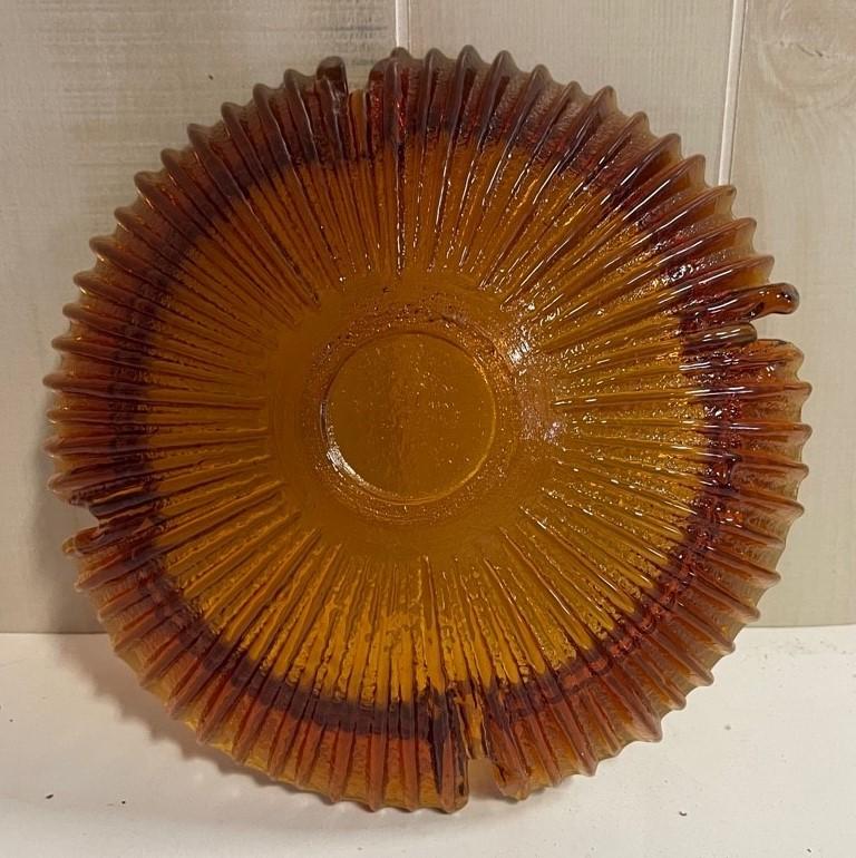 Mid Century Modern Heavy Round Amber Glass 9 inch Burst Ash Tray