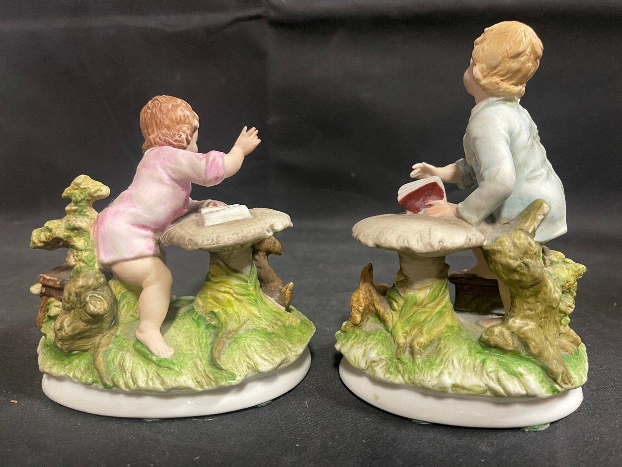 2 Vintage Candrea Figurine Boy on Toad Stool Mushroom w/ Dog 7195