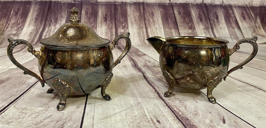 Antique Silver Sugar Bowl w/ Lid and Creamer Set