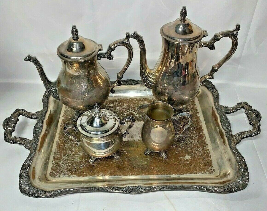 Antique W.M. Rogers Silver-plate Serving Set - Tray Sugar Creamer Coffee Tea Pot