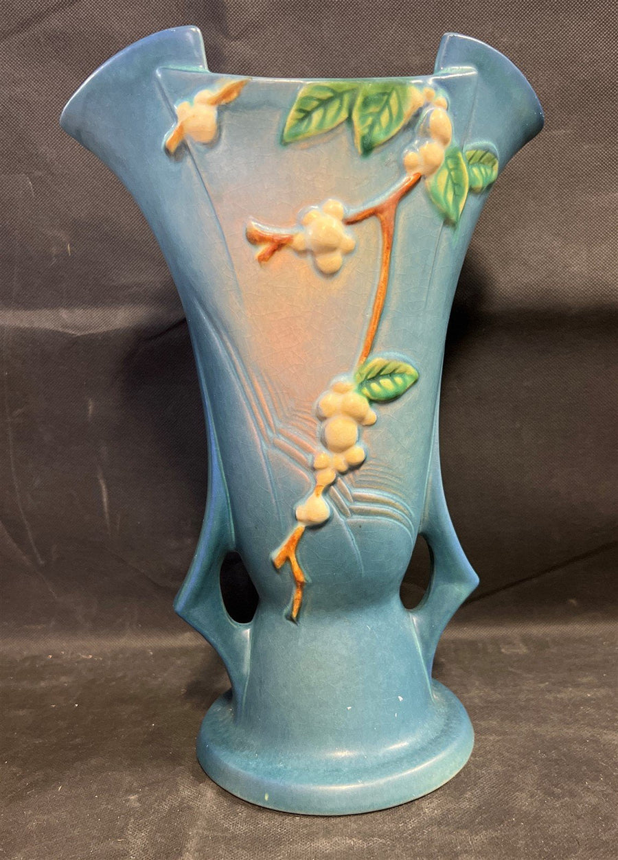 Vintage Roseville USA Snowberry Pottery Blue Floral Vase
