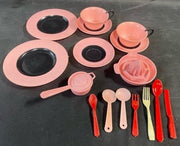 Retro Mid Century Child's Pink Plastic Kitchenware Baner Play Set