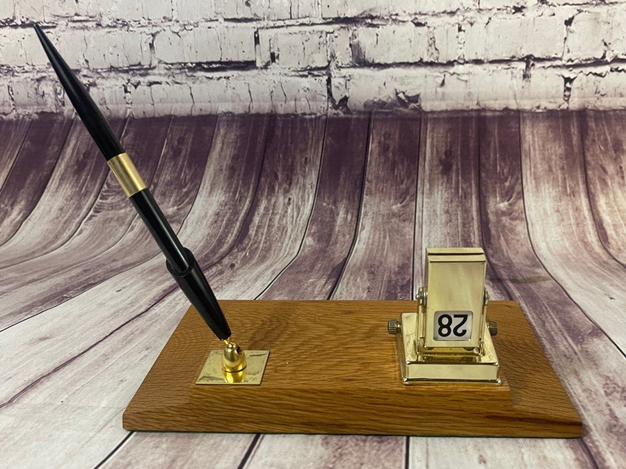 Vintage 1970's Wooden Gold Desk Perpetual Calendar w/ Pen Holder