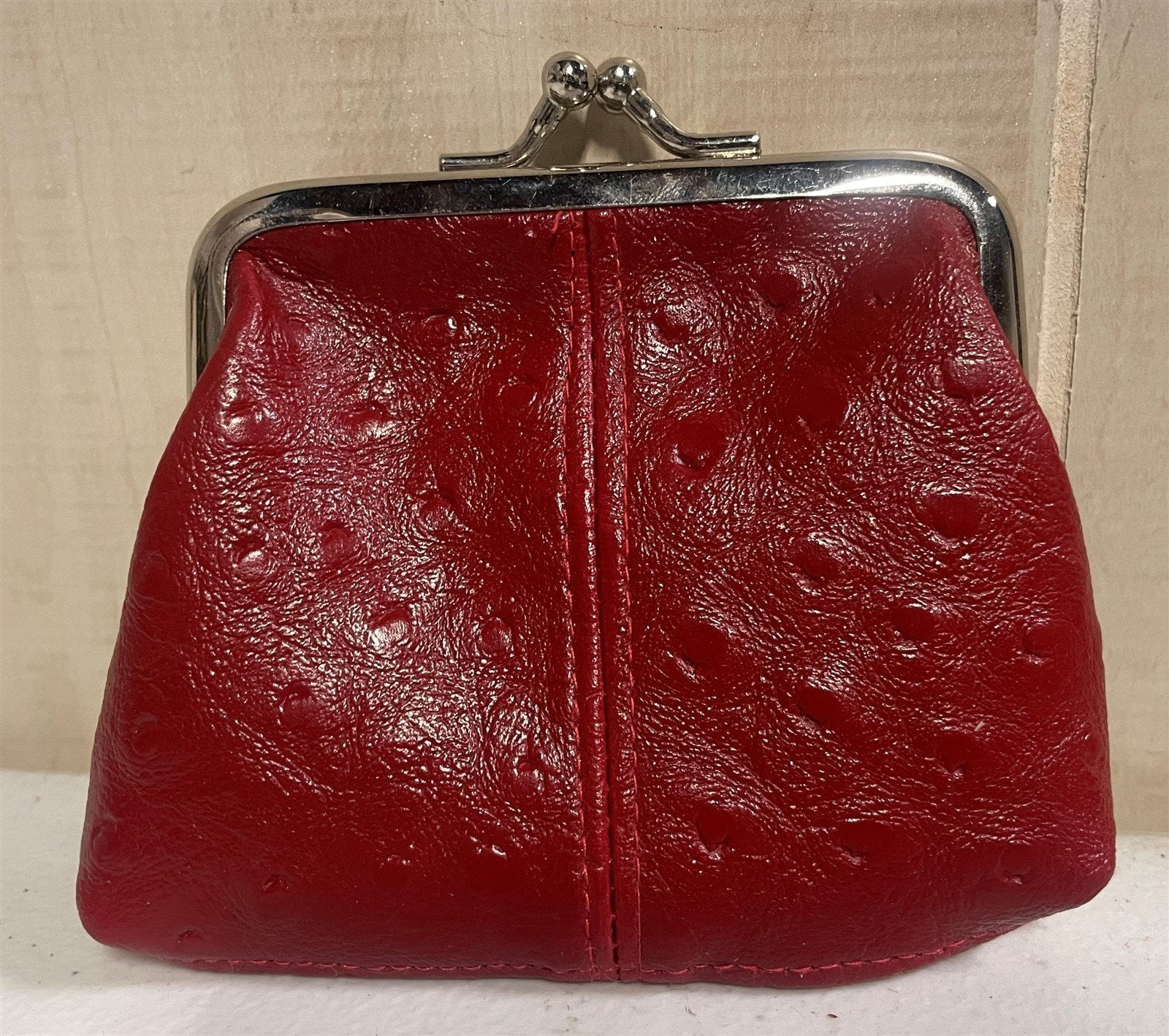 Small Vintage Red Leather Metal Lined Change Purse