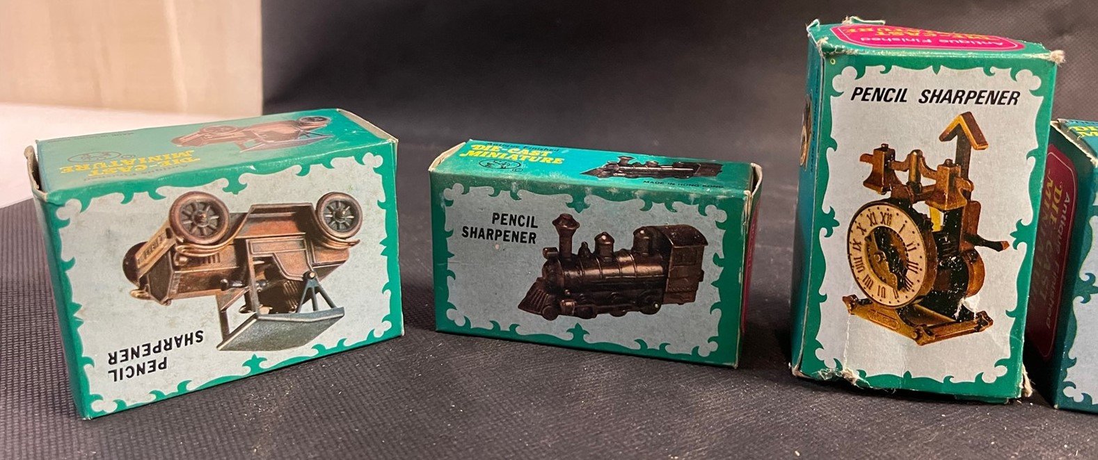 Vintage 6 Die Cast Miniature Pencil Sharpeners Steam Boat Phone Sewing Machine