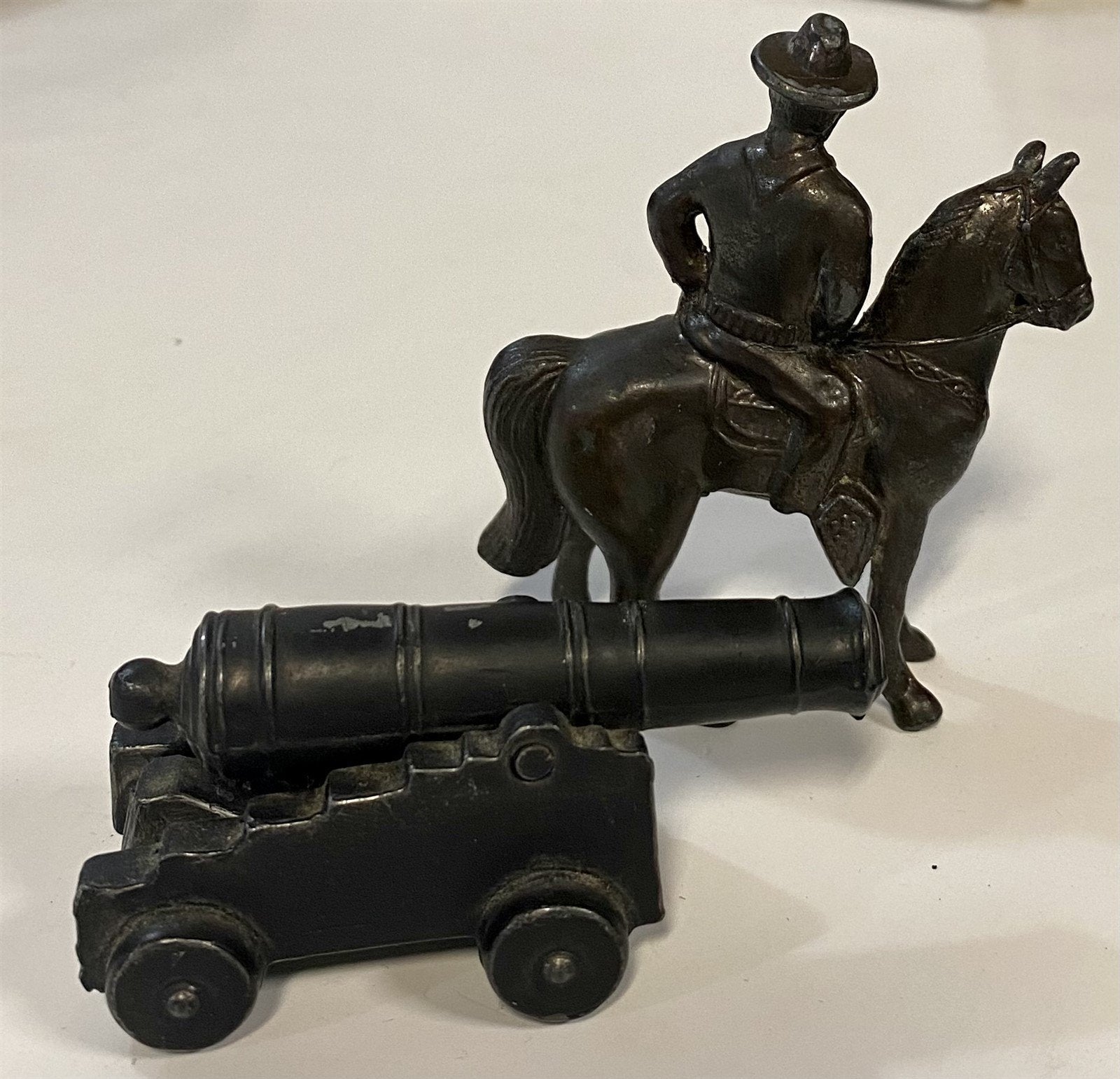 Vintage Cast Iron Cowboy on a Horse Toy and Souvenir Fort Pitt Cannon