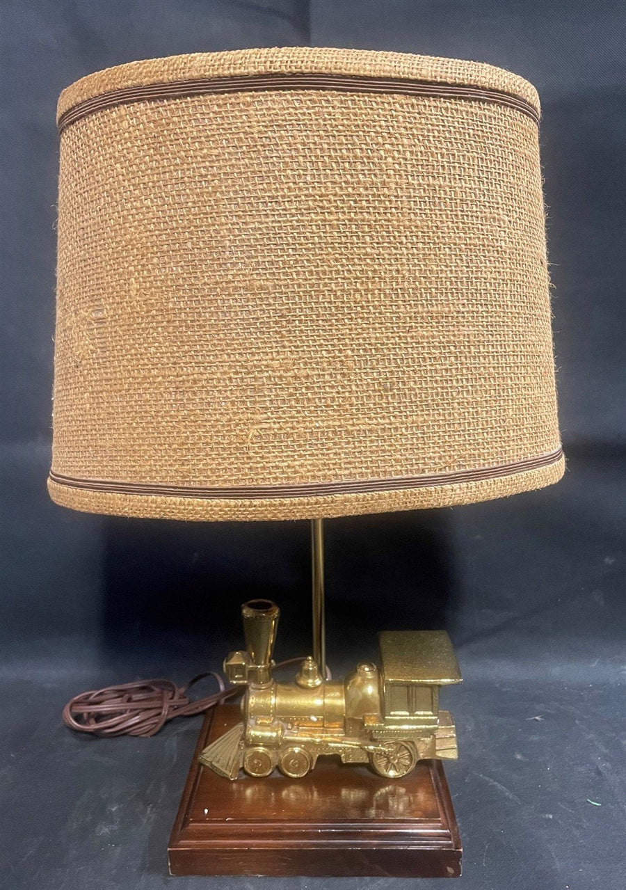 Antique Brass Railroad Steam Train Model Table Lamp Wooden Base Shade Included