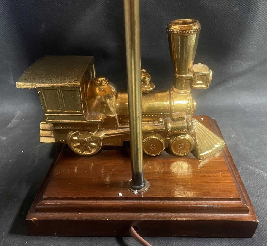 Antique Brass Railroad Steam Train Model Table Lamp Wooden Base Shade Included