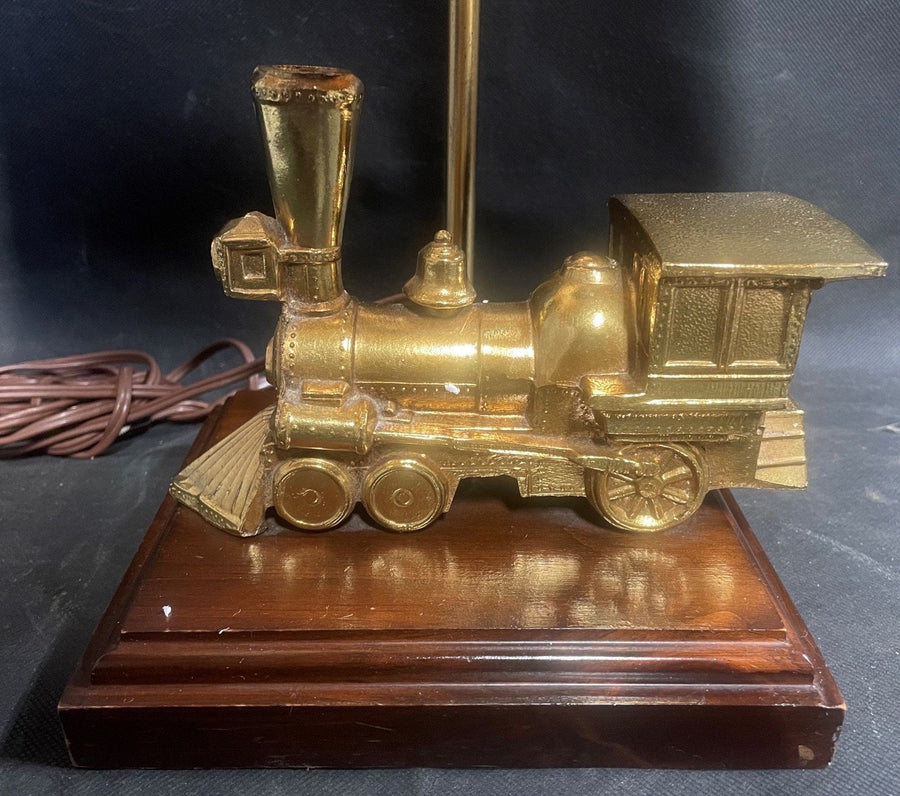 Antique Brass Railroad Steam Train Model Table Lamp Wooden Base Shade Included