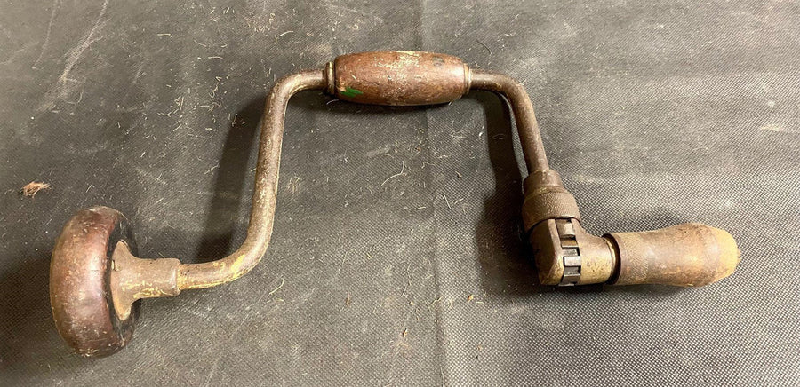 Antique Wooden and Metal Brace Hand Drill Woodworking Tool