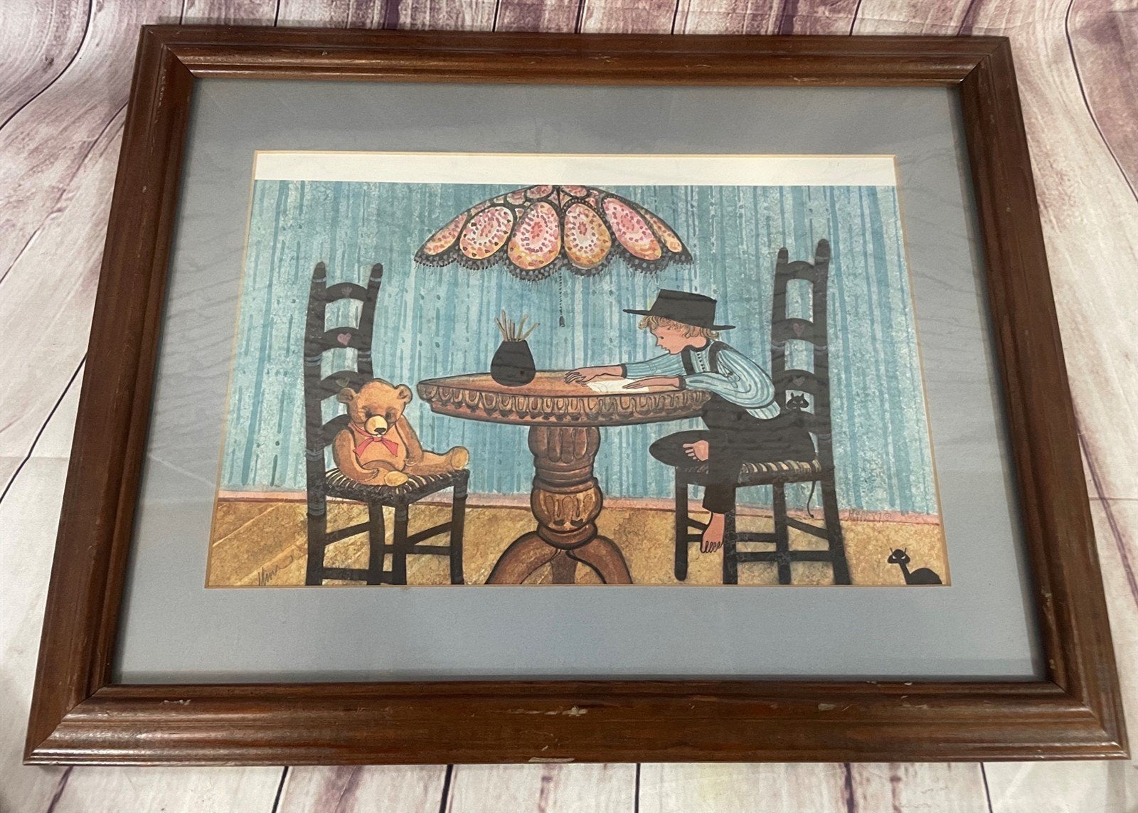 Limited Edition 1987 P Buckley Moss Fine Art Print Homework Wooden Frame