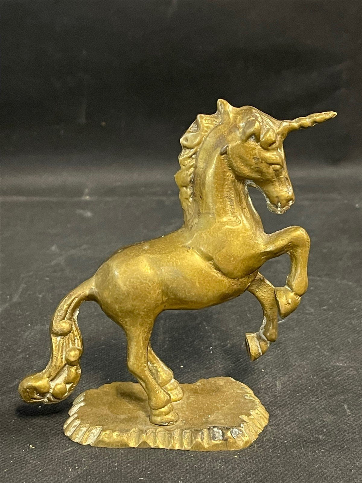 Vintage Small Solid Brass 4.5 inch Mythical Unicorn Rearing Up on Platform