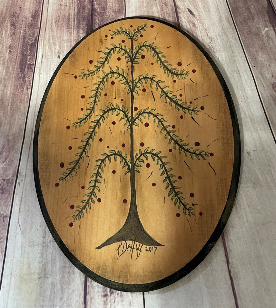 Primitive Farmhouse Hand Painted Dehoff Tree Painting on Wooden Plaque