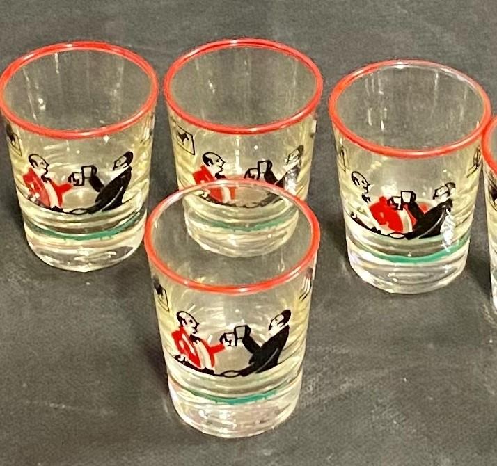 4 Vintage MCM Libbey Glass Pickwick Dickens Men in Tavern Shot Glasses