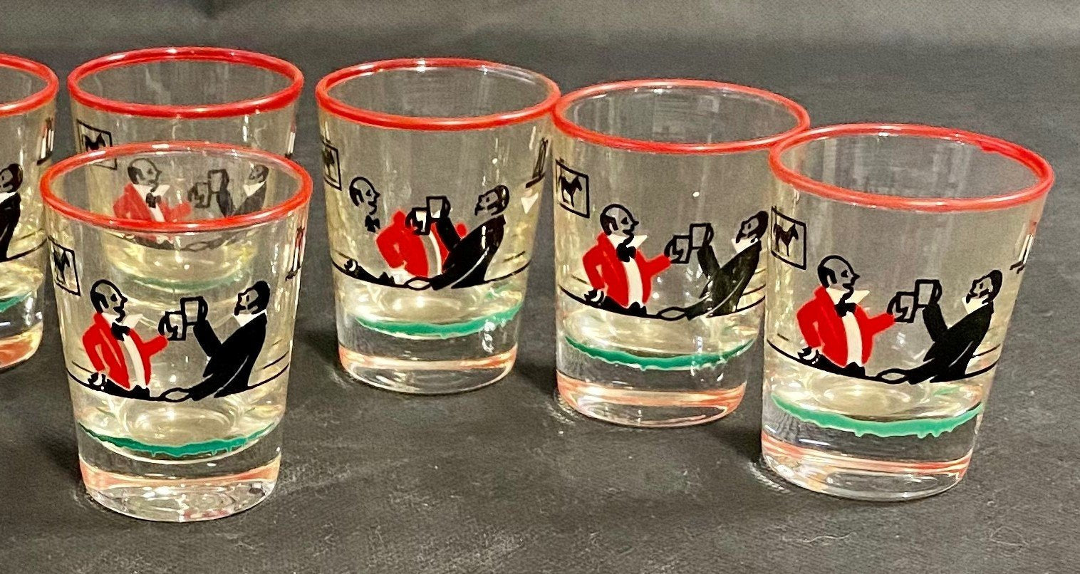 4 Vintage MCM Libbey Glass Pickwick Dickens Men in Tavern Shot Glasses