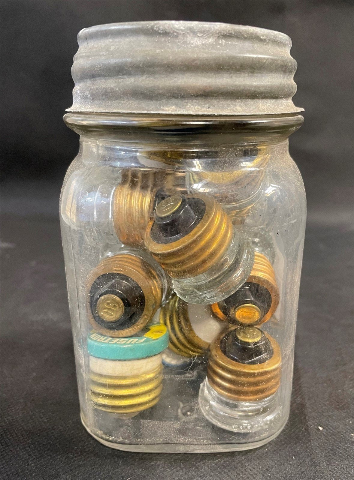 Antique Mason Jar of Collectible Vintage Glass Fuses