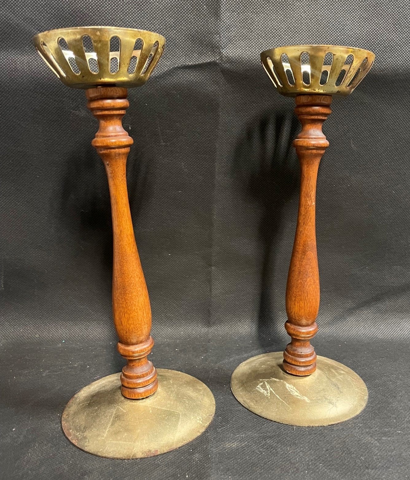 Vintage Brass and Wooden Decorative Candlestick Candle Holders
