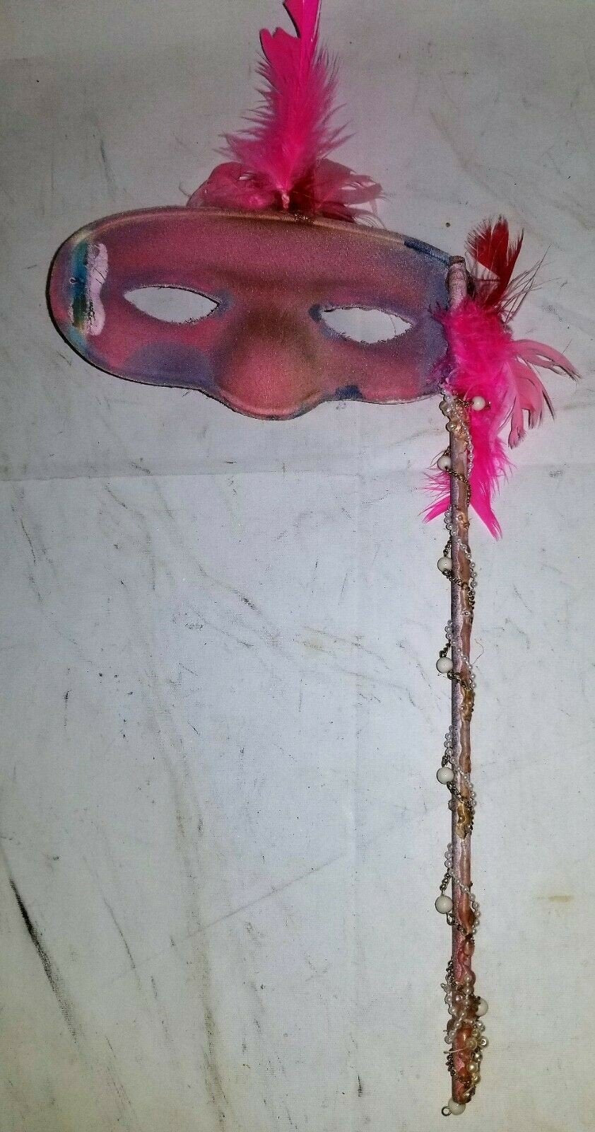 Pink Masquerade Mask w/ Feather Hand Holding Stick Theater