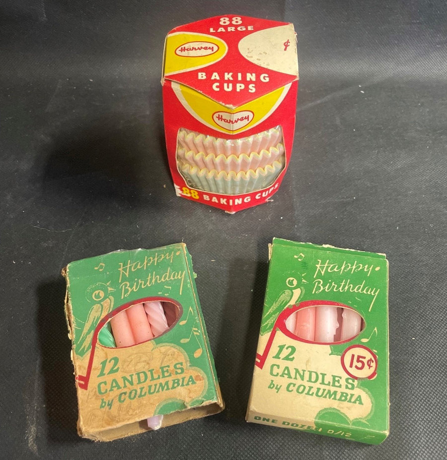 Vintage Boxes of Happy Birthday Candles and Retro Baking Cups