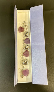 Silver Tone and Amethyst Heart Charm Lobster Clasp Bracelet with Magnetic Box
