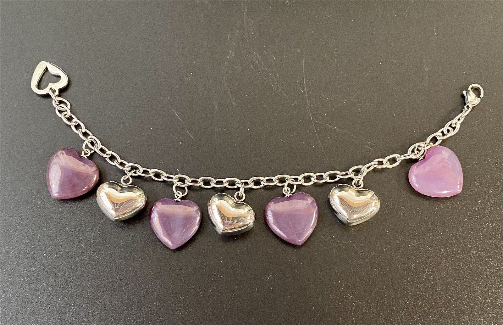 Silver Tone and Amethyst Heart Charm Lobster Clasp Bracelet with Magnetic Box