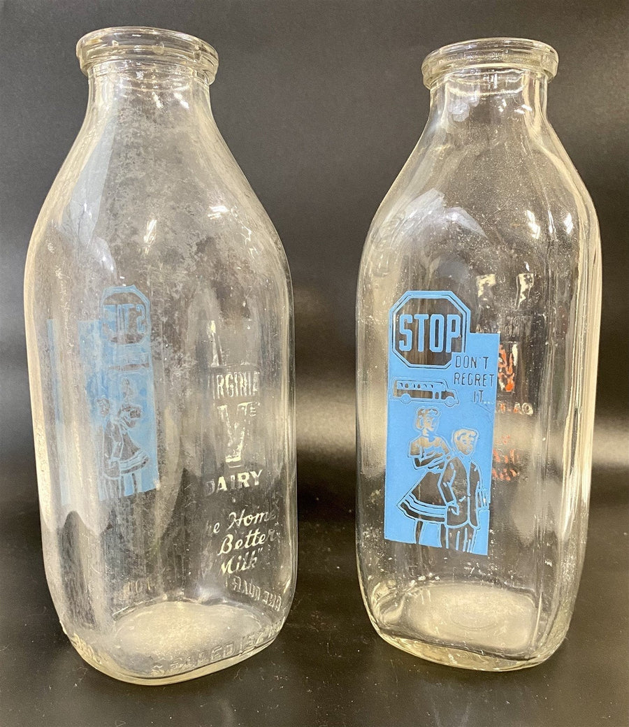 2 Vintage Early 1970's Virginia Dairy One Quart Pyroglazed Glass Milk Bottles