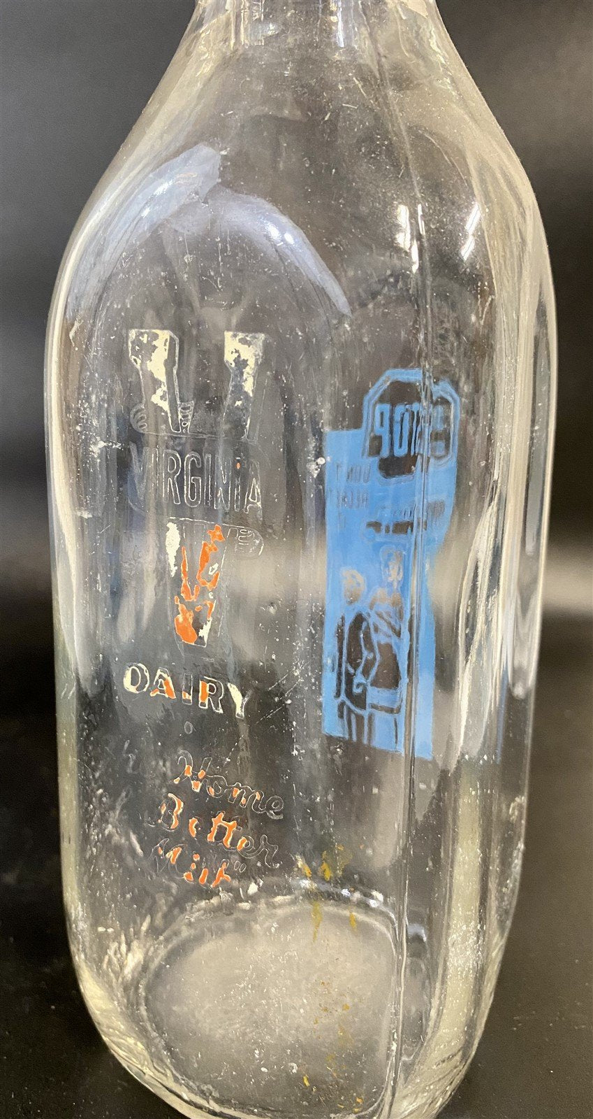 2 Vintage Early 1970's Virginia Dairy One Quart Pyroglazed Glass Milk Bottles