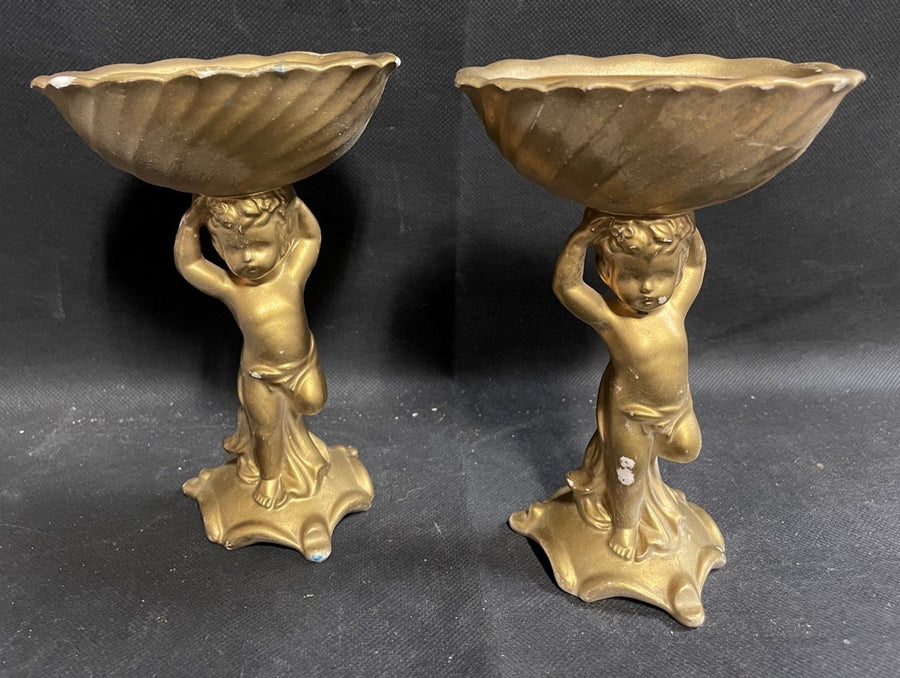 Vintage Painted Gold Ceramic Cherub Figurine Decorative Planters