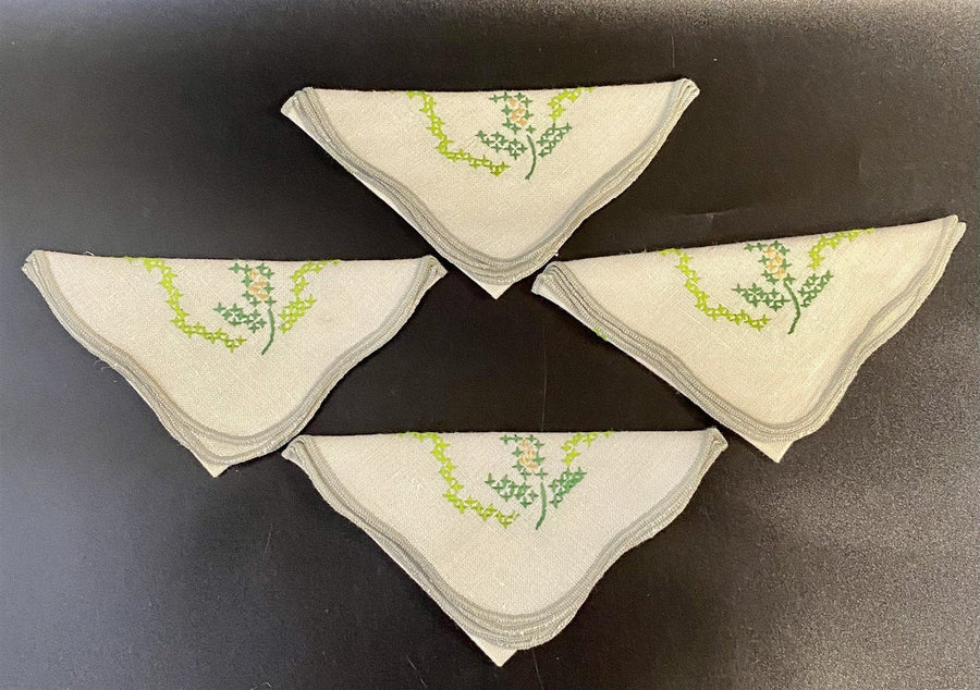 4 Vintage Hand Cross Stitched Floral Design Linen Cloth Napkins