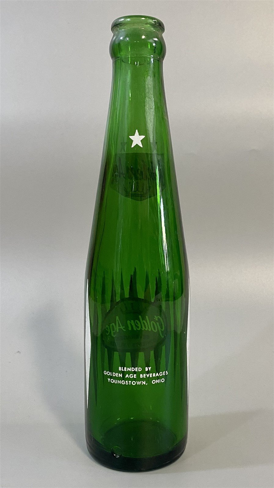 Green Vintage Golden Age Glass Soda Bottle Bottled in Youngstown, Ohio (OH)