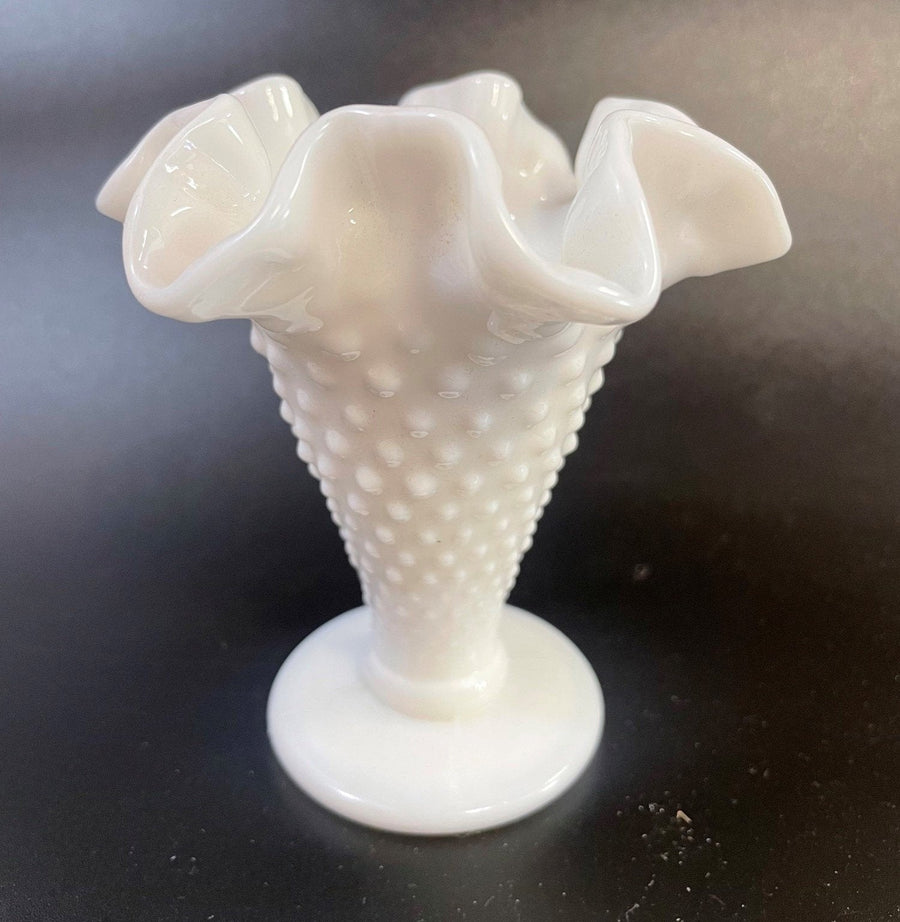 Vintage Ruffled Cone Scalloped Edges Fenton Milk Glass 4in Vase