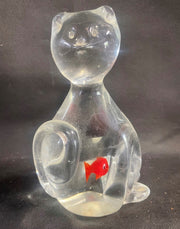 Vintage Glass Cat Kitten Figurine 6inch Paperweight with Red Goldfish