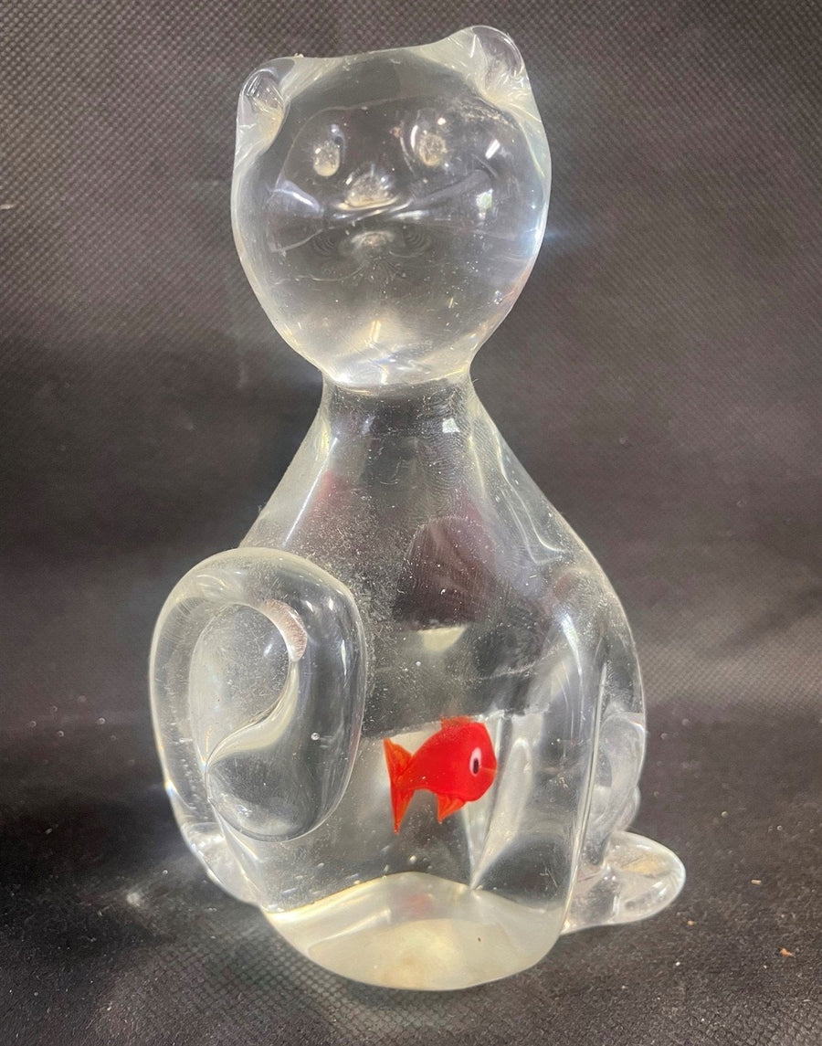 Vintage Glass Cat Kitten Figurine 6inch Paperweight with Red Goldfish