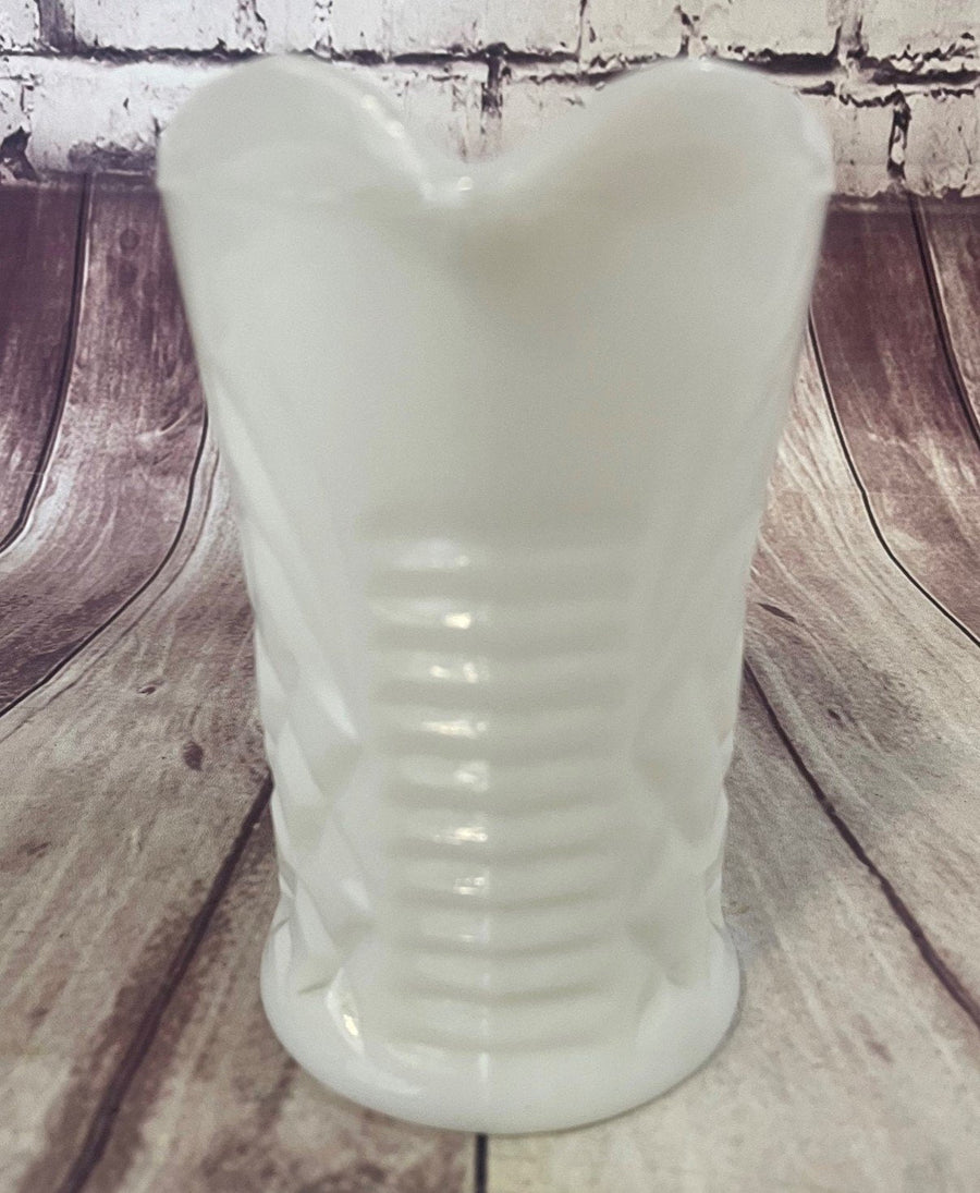 Small Vintage Fenton Milk Glass Handled Kitchen Pitcher or Flower Vase