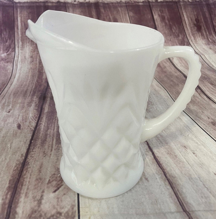 Small Vintage Fenton Milk Glass Handled Kitchen Pitcher or Flower Vase