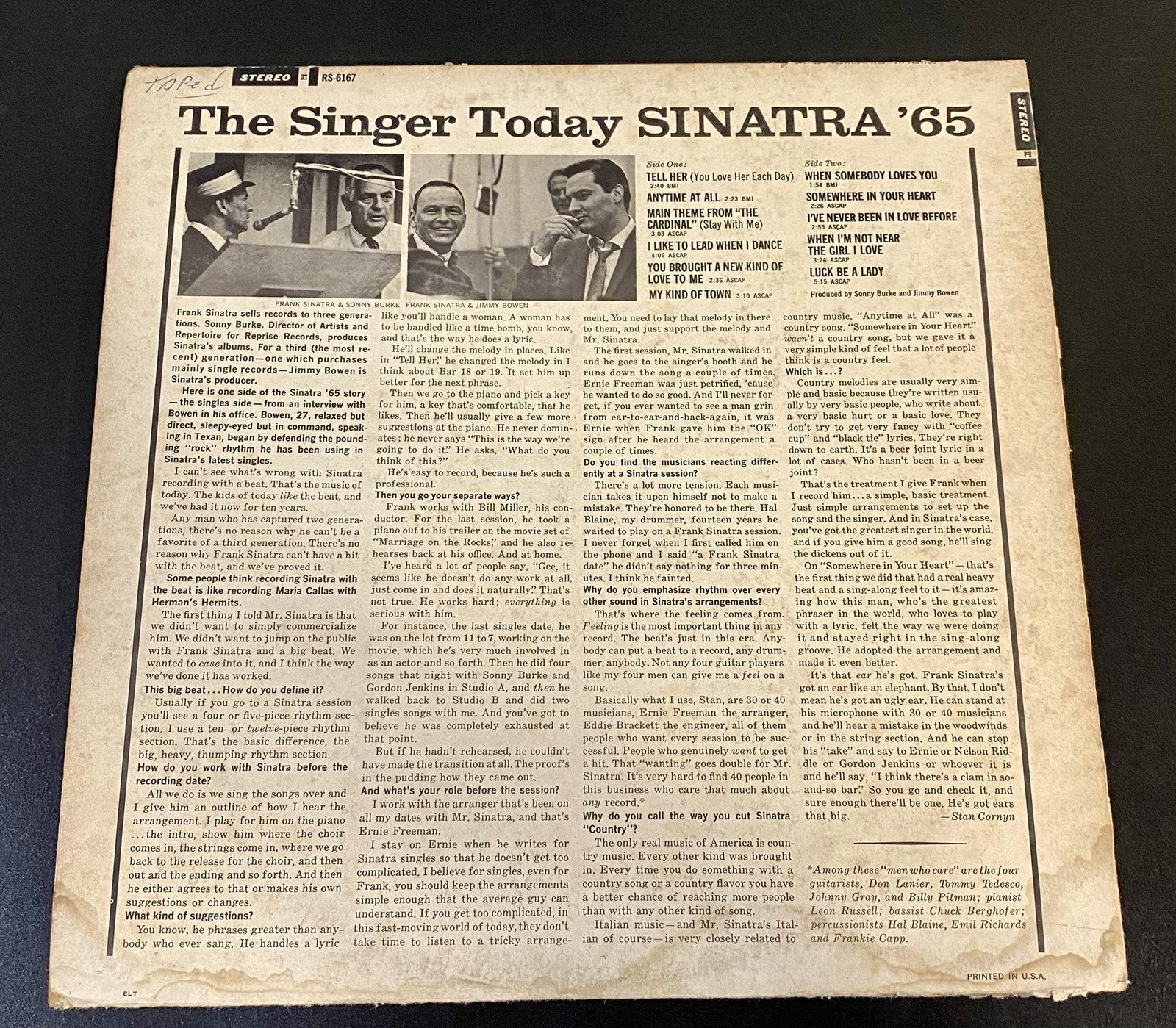 Vintage Pressed Vinyl Sinatra '65 Record Album 33RMP
