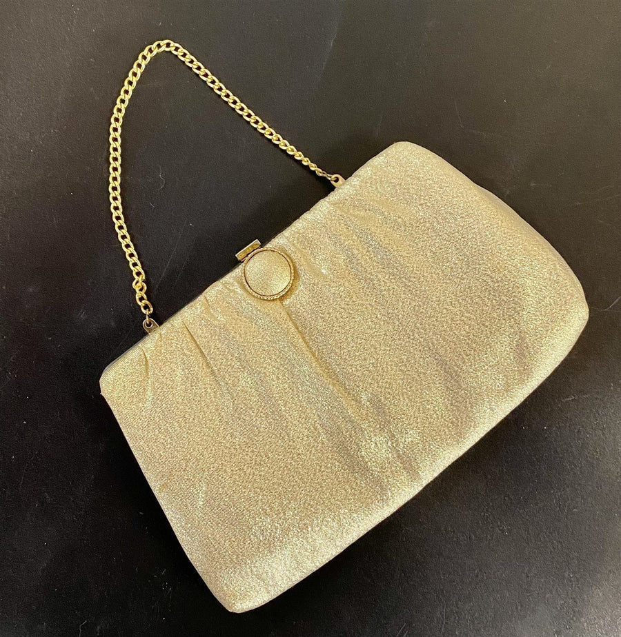 Vintage Gold Lamé Formal Clutch Evening Handbag Purse with Tuckable Wrist Chain