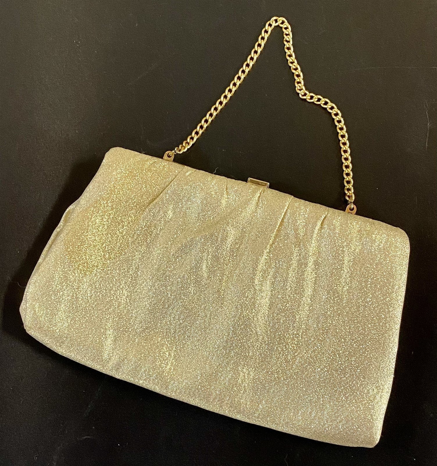 Vintage Gold Lamé Formal Clutch Evening Handbag Purse with Tuckable Wrist Chain