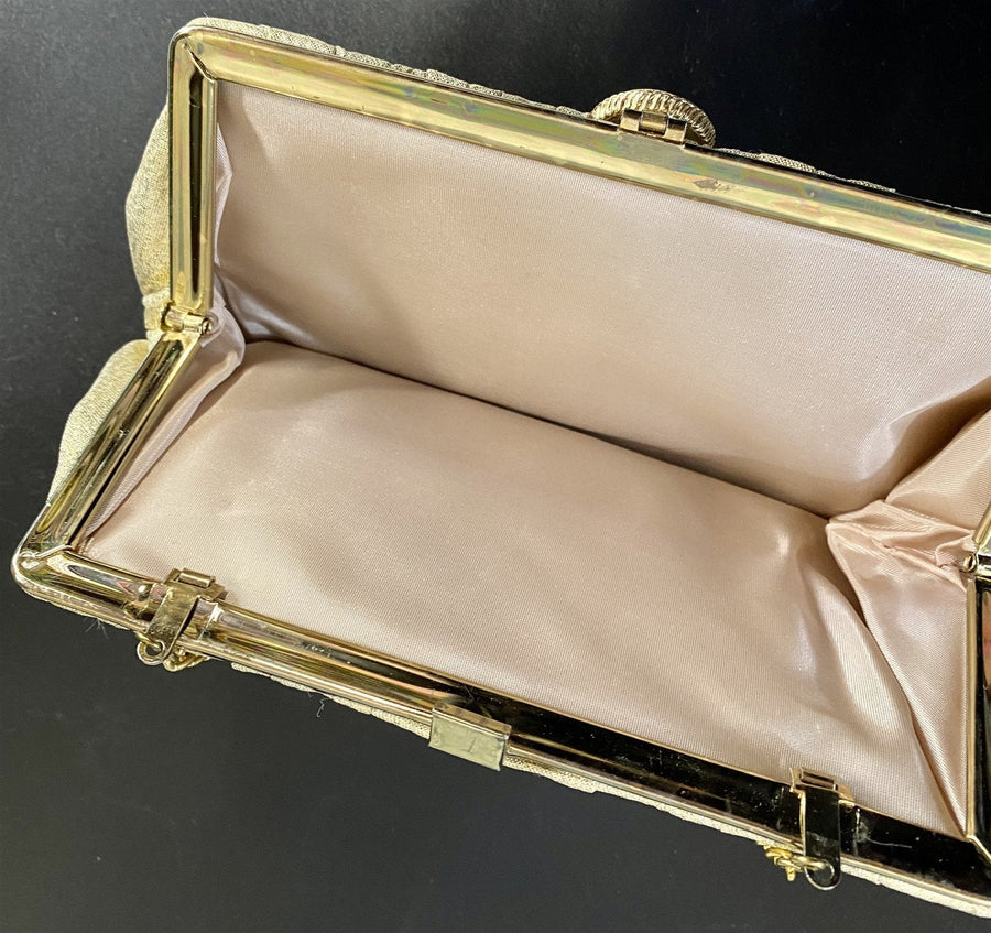Vintage Gold Lamé Formal Clutch Evening Handbag Purse with Tuckable Wrist Chain