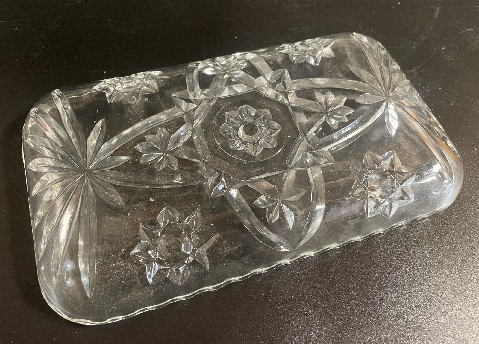 Anchor Hocking Early American Press Cut Flower Pattern Glass Tray EAPC