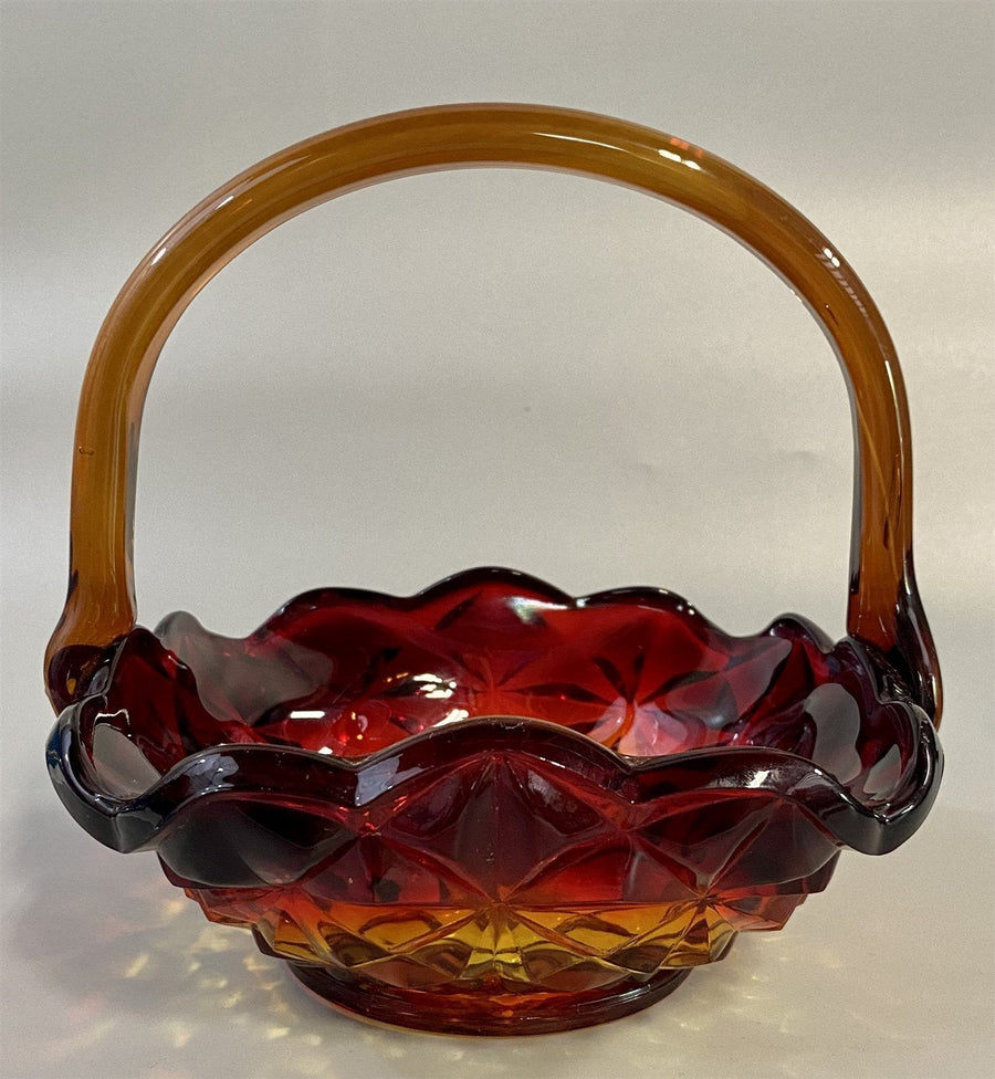 Square Star Cut Vintage Amberina Indiana Glass Basket Design Candy or Nut Dish