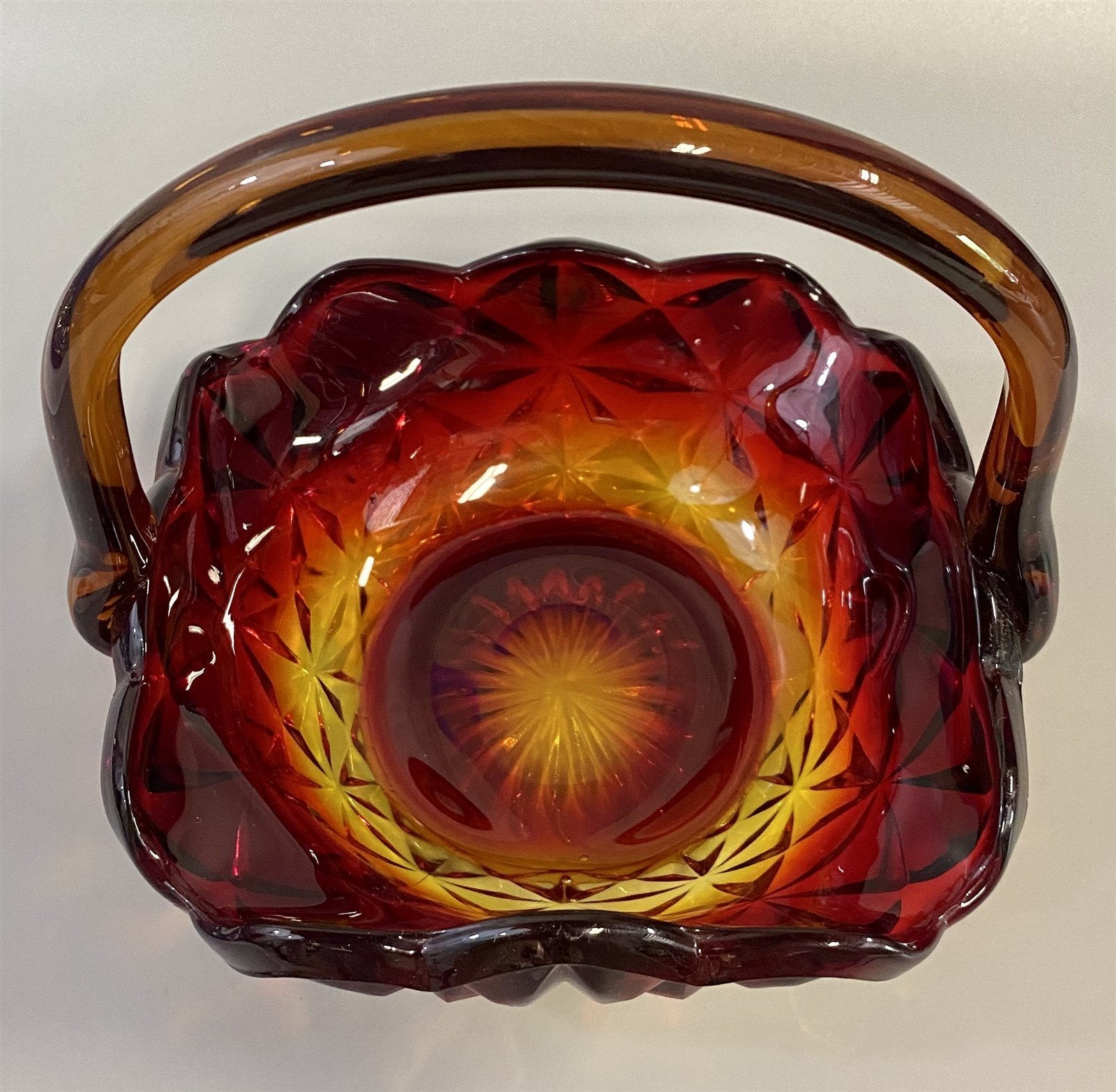 Square Star Cut Vintage Amberina Indiana Glass Basket Design Candy or Nut Dish